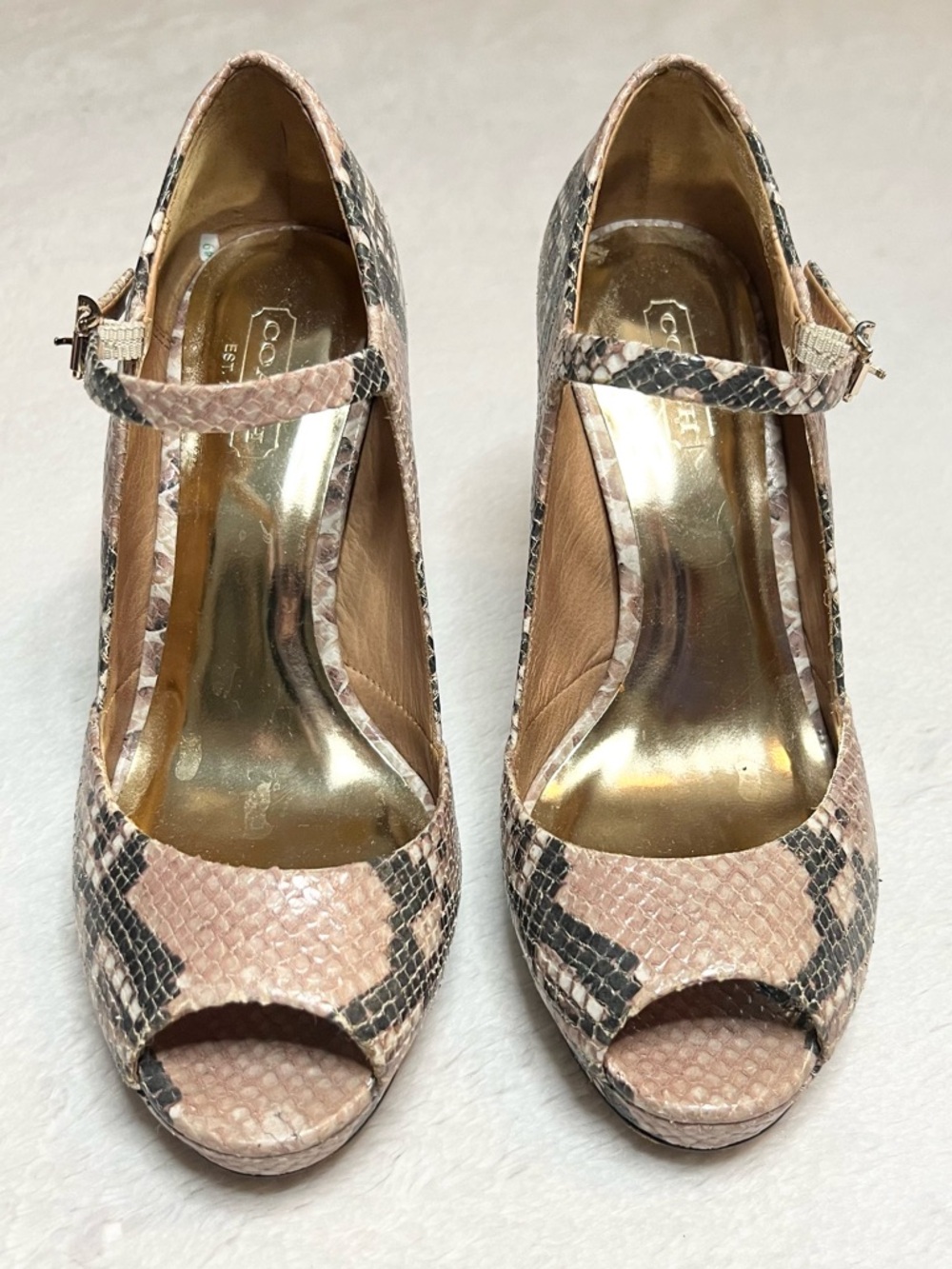 Coach Snake Print Peep Toe Mary Jane High Heels Size 6 Shawna Python Animal